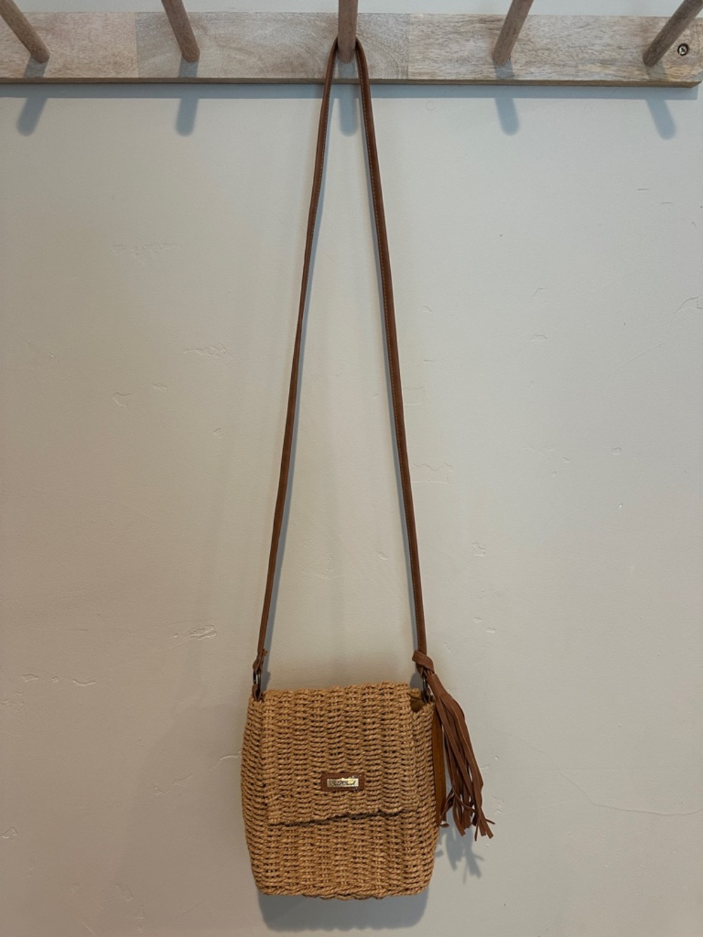 Woven Straw Crossbody Bag with Tassel Detail - Brown